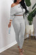 Grey Fashion Casual Print Basic Oblique Collar Long Sleeve Two Pieces