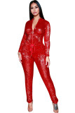 Silver Drawstring Long Sleeve High Sequin Loose Pants Jumpsuits & Rompers