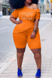 Orange Fashion Casual Print Basic O Neck Plus Size Two Pieces