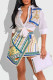 White Casual Patchwork Buckle Turndown Collar Short Sleeve Two Pieces