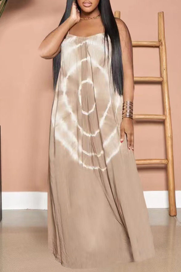 Khaki Sexy Casual Print Backless Spaghetti Strap Long Dress