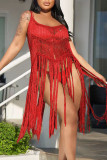 Pink Sexy Solid Tassel Hollowed Out Split Joint Swimwears Cover Up