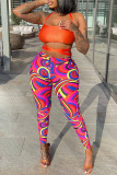 Orange Sexy Print Patchwork Halter Sleeveless Two Pieces