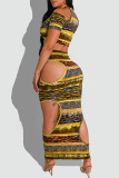 Yellow Fashion Sexy Print Hollowed Out O Neck Short Sleeve Two Pieces