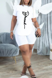 Pink Casual Letter Print Bandage Asymmetrical O Neck Short Sleeve Two Pieces
