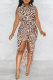 Brown Fashion Casual Print Asymmetrical Turndown Collar Shirt Dress