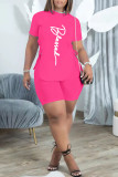 Pink Casual Letter Print Bandage Asymmetrical O Neck Short Sleeve Two Pieces