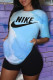 Baby Blue Fashion Casual Tie Dye Letter O Neck Short Sleeve Two Pieces