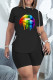 Black Fashion Casual Lips Printed Bandage O Neck Short Sleeve Two Pieces