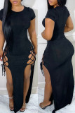 Black Fashion Sexy Solid Bandage Hollowed Out Slit O Neck Short Sleeve Dress