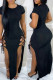 Black Fashion Sexy Solid Bandage Hollowed Out Slit O Neck Short Sleeve Dress