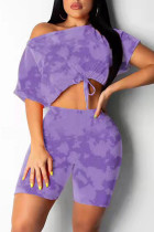 Purple Fashion Casual Print Bandage O Neck Short Sleeve Two Pieces