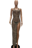 Black Sexy Print See-through Mesh Spaghetti Strap Irregular Dress Dresses