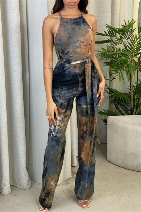 Multicolor Sexy Casual Print Tie Dye Backless O Neck Regular Jumpsuits