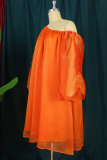 Orange Casual Solid Patchwork One Shoulder Straight Dresses