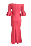 Pink Sexy Casual Solid Backless Slit Off the Shoulder One Step Skirt Dresses