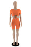 Orange Sexy Casual Solid Bandage Hollowed Out O Neck Skinny Romper