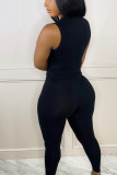 Black Fashion Casual Daily Solid Pullovers Vests O Neck Sleeveless Two Pieces