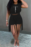 Black Fashion Casual Print Tassel O Neck Short Sleeve Two Pieces