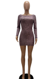 Champagne Sexy Animal Print Backless O Neck Pencil Skirt Dresses