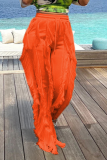 Tangerine Red Casual Solid Tassel Loose Mid Waist Wide Leg Solid Color Bottoms