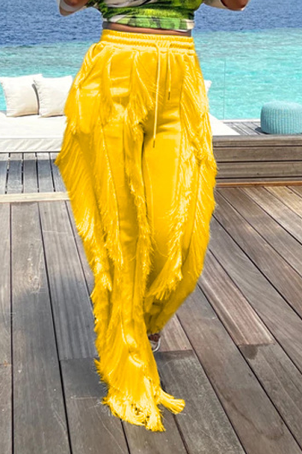 Yellow Casual Solid Tassel Loose Mid Waist Wide Leg Solid Color Bottoms