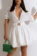 White Casual Print Patchwork Buckle Mandarin Collar A Line Dresses
