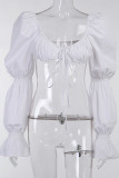 White Sexy Solid Patchwork Frenulum Fold V Neck Tops