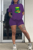 Purple Fashion Casual Print Basic O Neck Short Sleeve Two Pieces