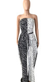 Black Sexy Print Patchwork With Belt Strapless Straight Jumpsuits