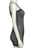 Black Fashion Sexy Solid Hollowed Out See-through Backless Spaghetti Strap Sleeveless Dress