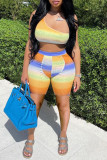 Yellow Fashion Sexy Print Patchwork Backless One Shoulder Sleeveless Two Pieces