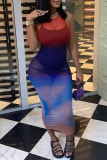 Colour Fashion Sexy Gradual Change Print See-through O Neck Sleeveless Dress