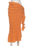 Orange Casual Solid Patchwork Fold Mid Waist Straight Solid Color Bottoms