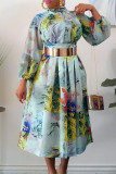 Apricot Fashion Casual Print With Belt Turtleneck Long Sleeve Dresses