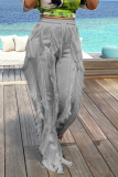Yellow Casual Solid Tassel Loose Mid Waist Wide Leg Solid Color Bottoms