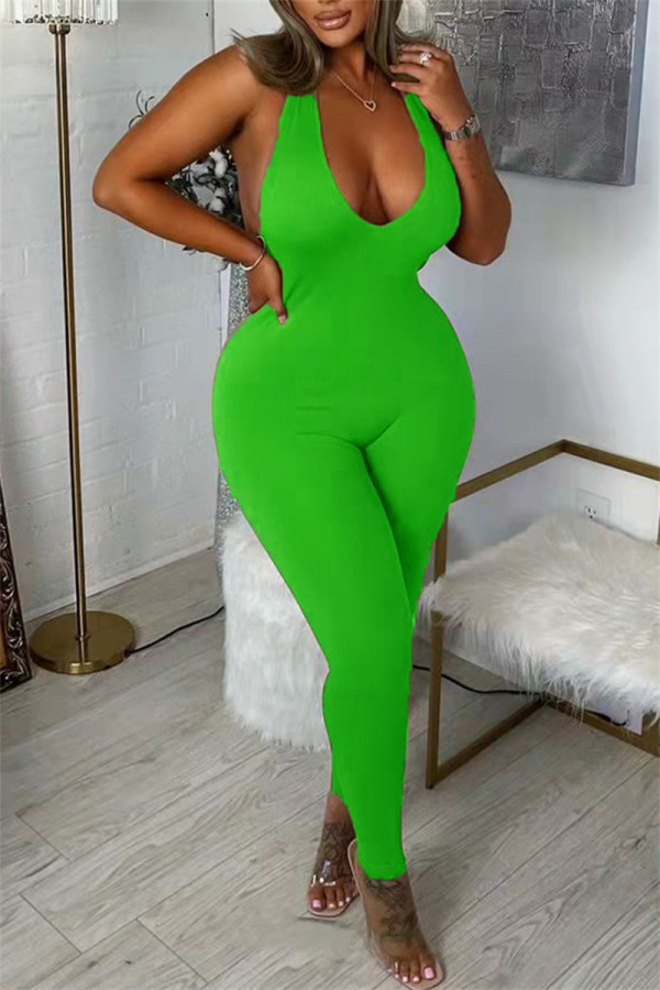 Green Fashion Sexy Solid Backless Halter Skinny Jumpsuits