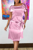 Pink Casual Solid Patchwork O Neck One Step Skirt Dresses