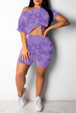 Purple Fashion Casual Print Bandage O Neck Short Sleeve Two Pieces