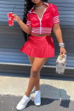 Red Sportswear Solid Patchwork Zipper Collar Short Sleeve Two Pieces