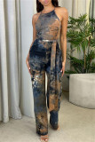 Multicolor Sexy Casual Print Tie Dye Backless O Neck Regular Jumpsuits