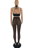 Black Fashion Sexy Striped Split Joint See-through Backless Halter Sleeveless Two Pieces