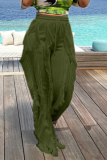 Dark Green Casual Solid Tassel Loose Mid Waist Wide Leg Solid Color Bottoms