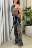 Multicolor Sexy Casual Print Tie Dye Backless O Neck Regular Jumpsuits