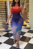 Colour Fashion Sexy Gradual Change Print See-through O Neck Sleeveless Dress