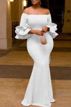 White Sexy Casual Solid Backless Slit Off the Shoulder One Step Skirt Dresses