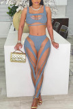 Baby Blue Sexy Solid Split Joint See-through U Neck Sleeveless Two Pieces