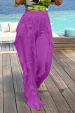 Purple Casual Solid Tassel Loose Mid Waist Wide Leg Solid Color Bottoms
