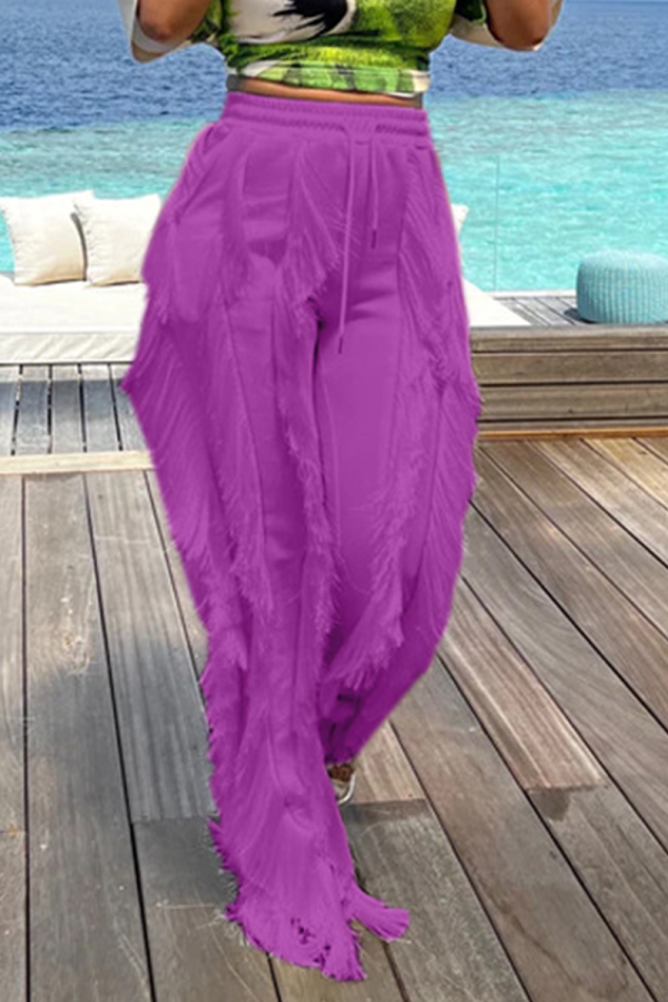 Purple Casual Solid Tassel Loose Mid Waist Wide Leg Solid Color Bottoms