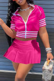 Red Sportswear Solid Patchwork Zipper Collar Short Sleeve Two Pieces